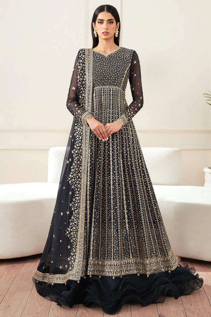 Farasha Essence Embroidered Chiffon Unstitched 3Pc Suit - Midnight Navy