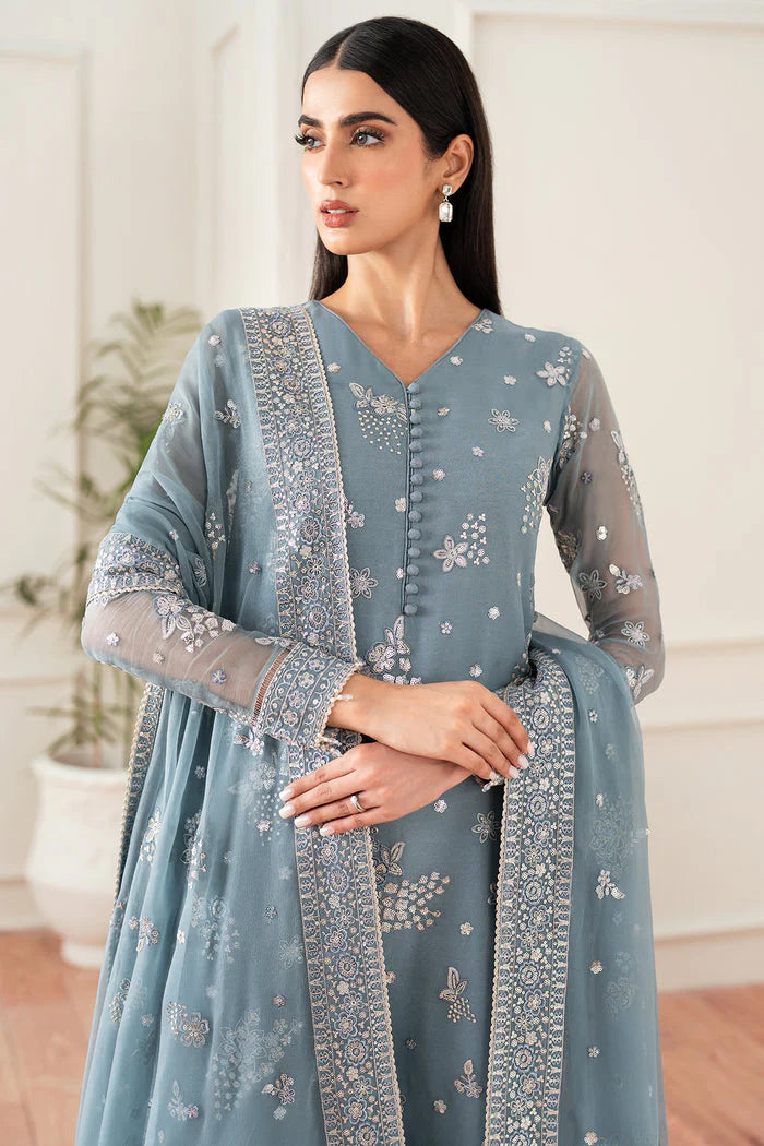 Farasha Essence Embroidered Chiffon Unstitched 3Pc Suit - Aqua Bliss