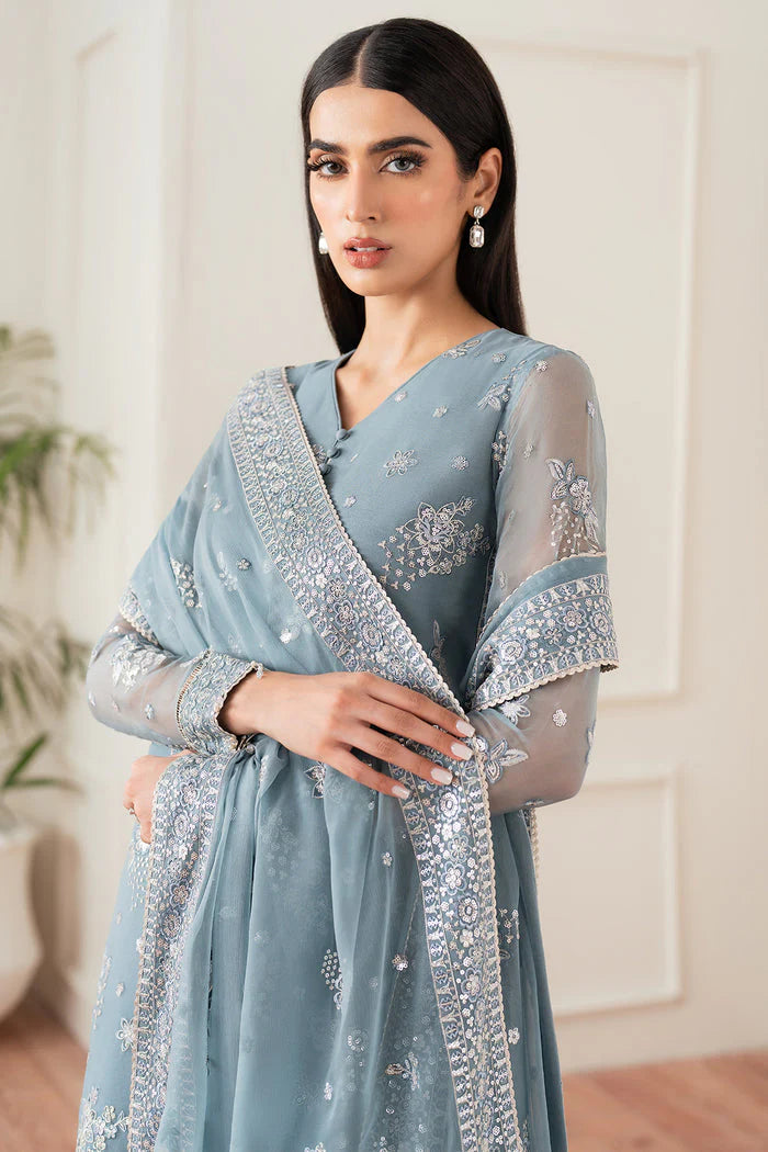 Farasha Essence Embroidered Chiffon Unstitched 3Pc Suit - Aqua Bliss