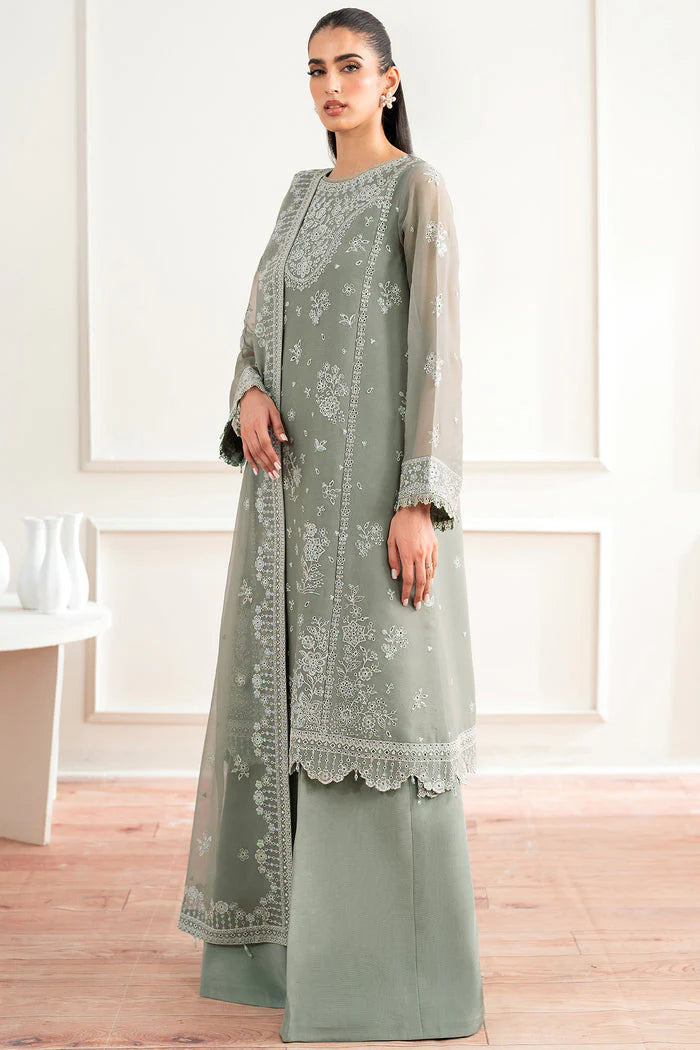 Farasha Essence Embroidered Chiffon Unstitched 3Pc Suit - Ash Green