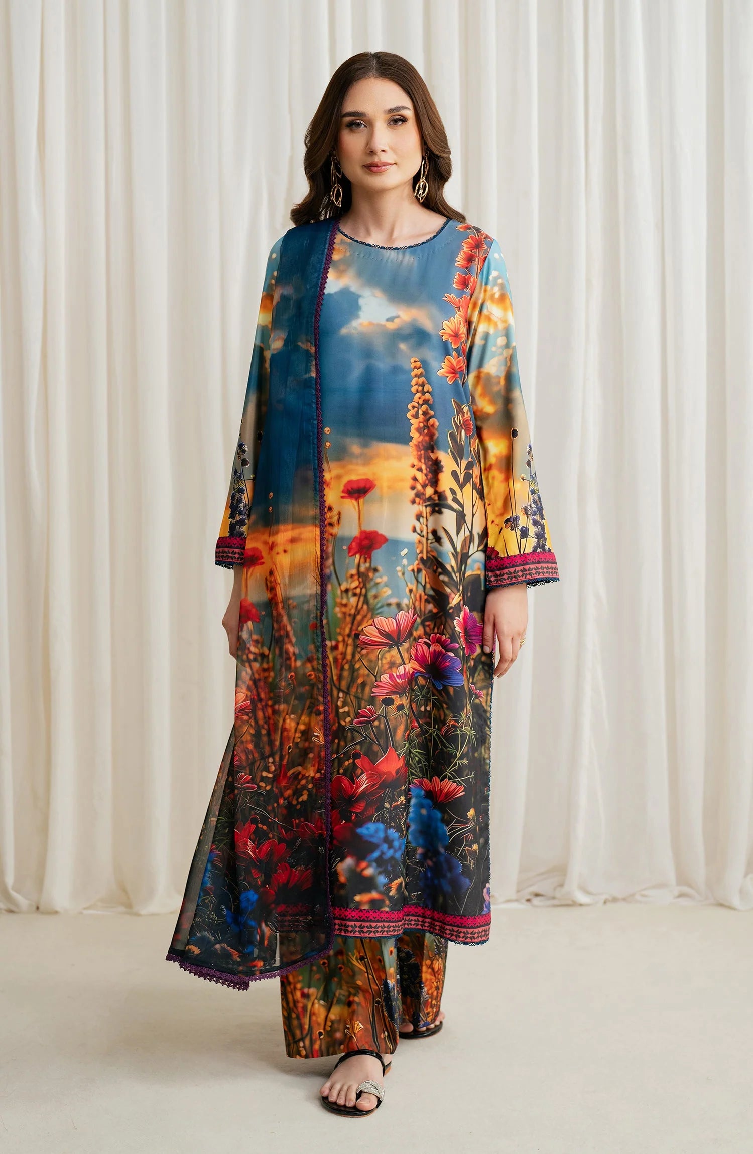 Zarif Co-Ords Unstitched Printed Georgette Silk 3Pc Suit ZGS 04 OCEAN