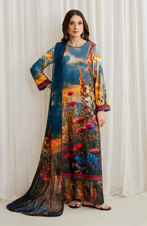 Zarif Co-Ords Unstitched Printed Georgette Silk 3Pc Suit ZGS 04 OCEAN