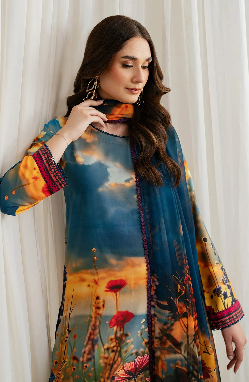 Zarif Co-Ords Unstitched Printed Georgette Silk 3Pc Suit ZGS 04 OCEAN