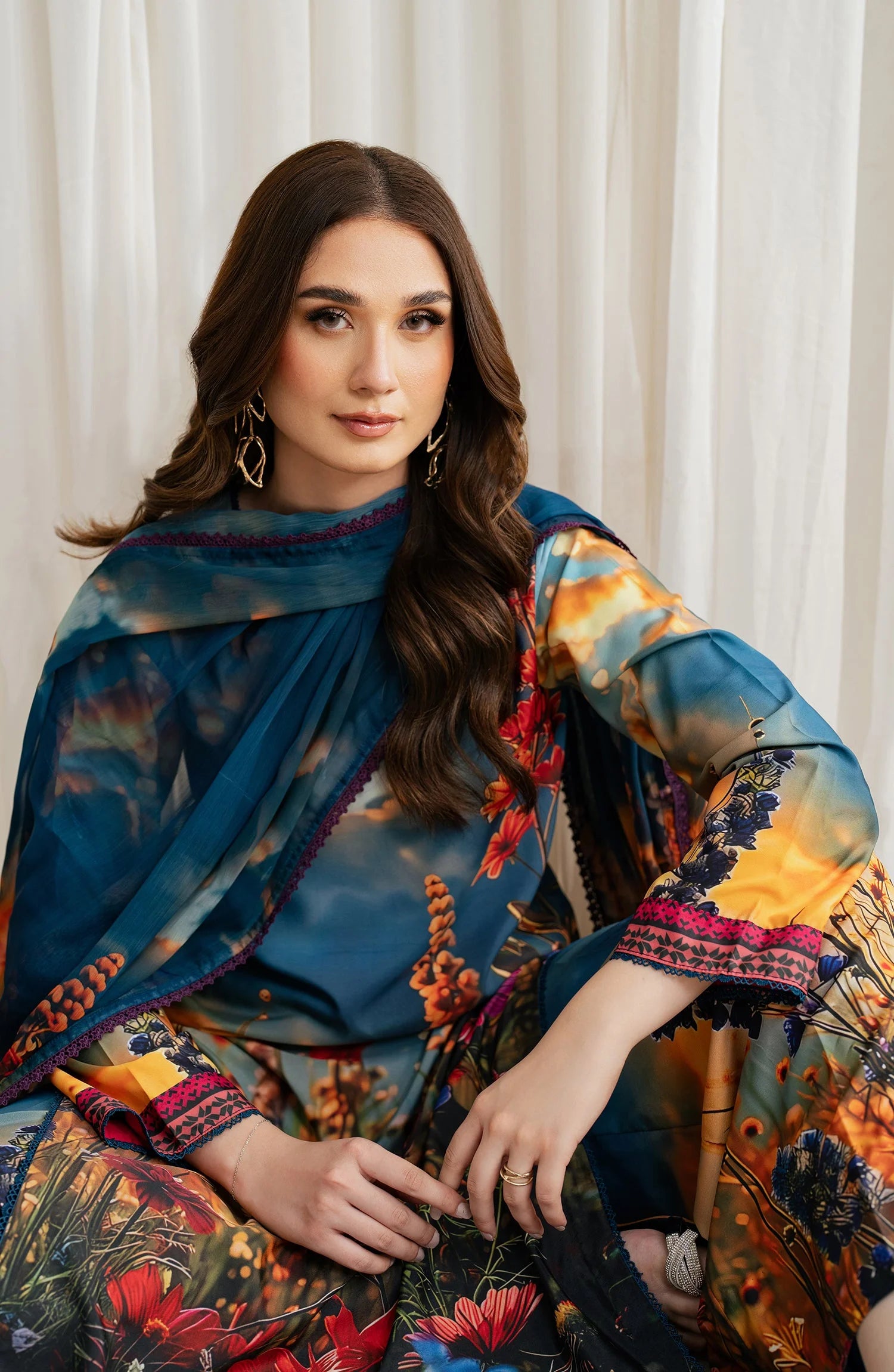Zarif Co-Ords Unstitched Printed Georgette Silk 3Pc Suit ZGS 04 OCEAN