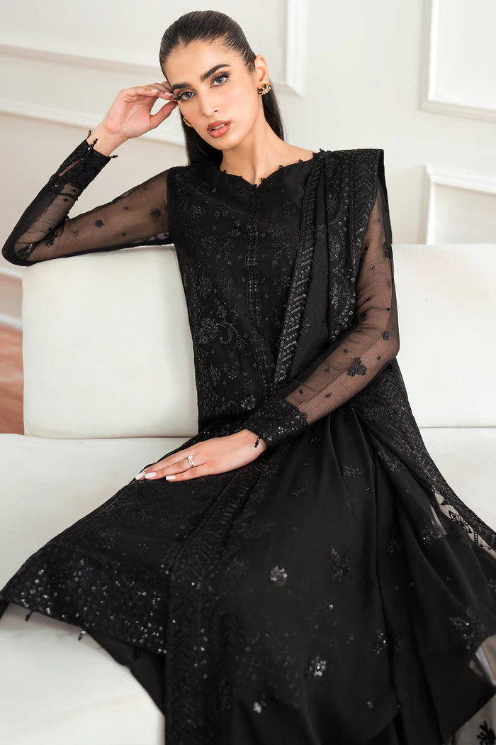 Farasha Essence Embroidered Chiffon Unstitched 3Pc Suit - Dark Whisper