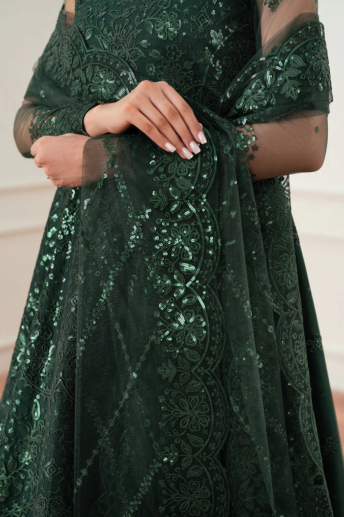 Farasha Essence Embroidered Net Unstitched 3Pc Suit - Emerald Muse