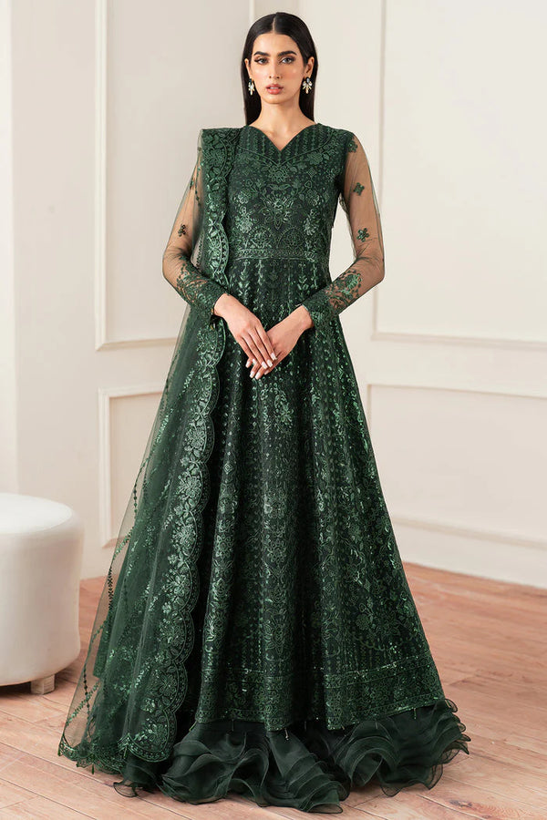 Farasha Essence Embroidered Net Unstitched 3Pc Suit - Emerald Muse
