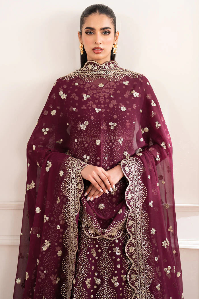 Farasha Essence Embroidered Chiffon Unstitched 3Pc Suit - Maroon Empress