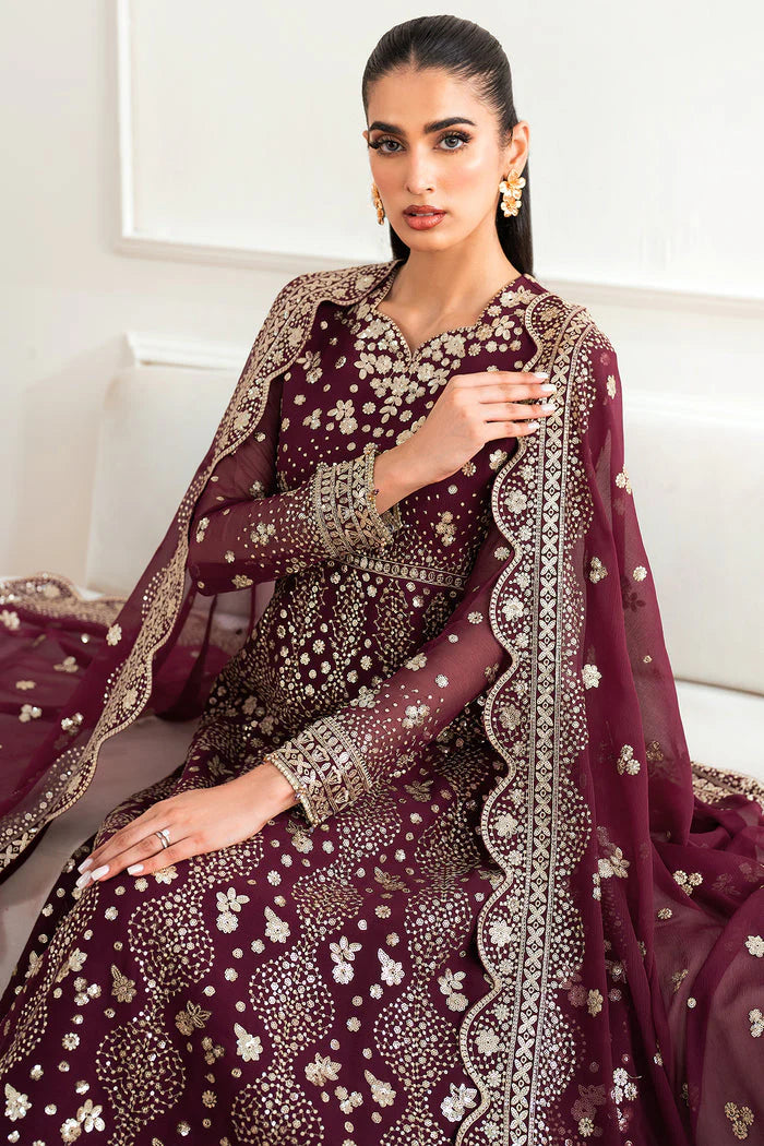 Farasha Essence Embroidered Chiffon Unstitched 3Pc Suit - Maroon Empress