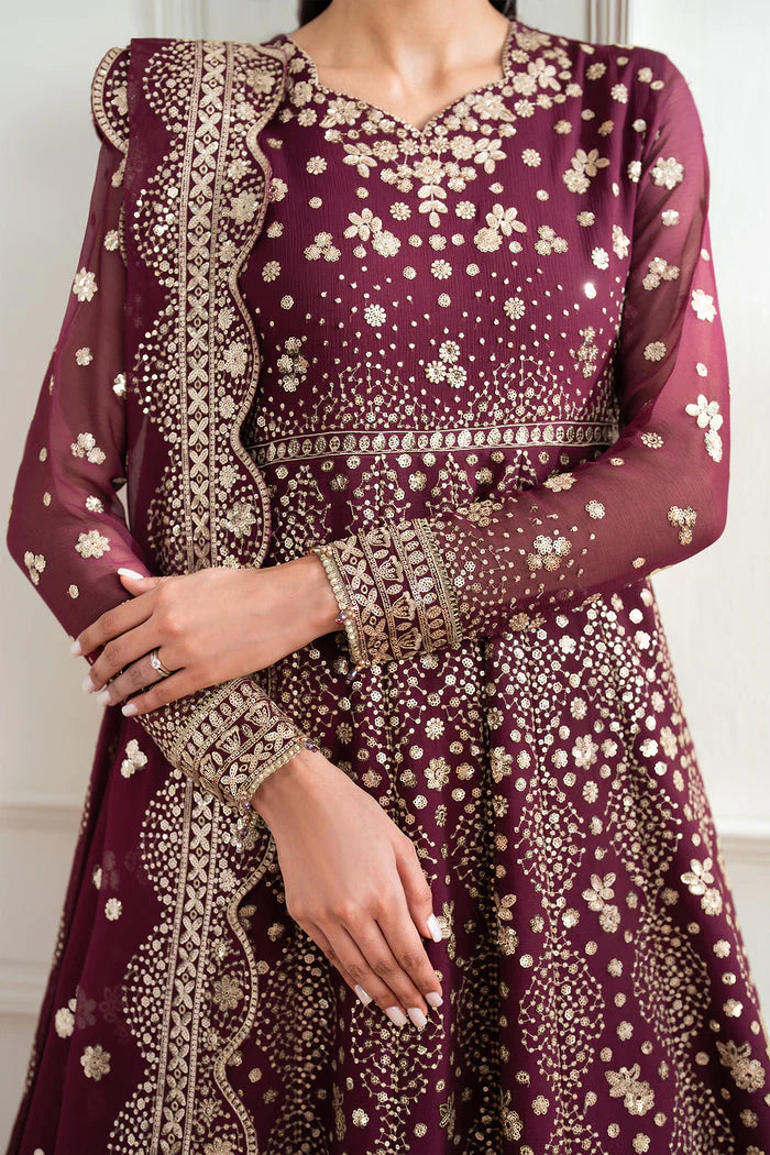 Farasha Essence Embroidered Chiffon Unstitched 3Pc Suit - Maroon Empress